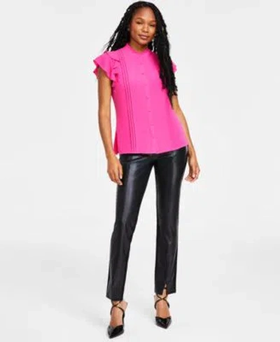 Cece Womens Pin Tuck Ruffled Blouse Faux Leather Slit Hem Leggings In Multi
