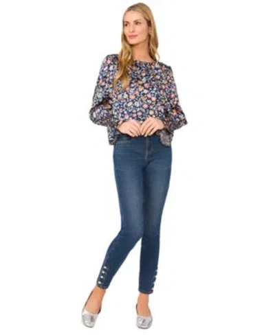 Cece Womens Pleated Neck Ruffled Cuff Blouse Imitation Pearl Trim Skinny Jeans In Classic Navy