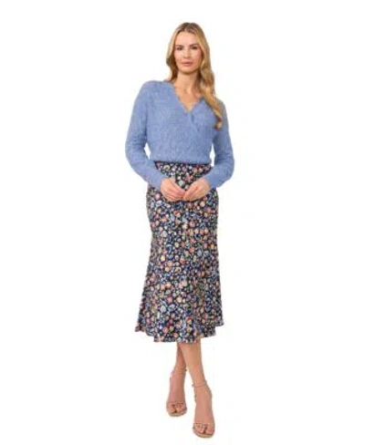 Cece Womens Pointelle Knit Wrap Sweater Floral Print Midi Skirt In Blue Rain