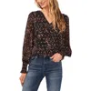 Cece Foil Dot Smocked Cuff V-neck Blouse In Black