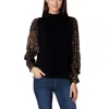 Cece Womens Printed Metallic Turtleneck Top In Black