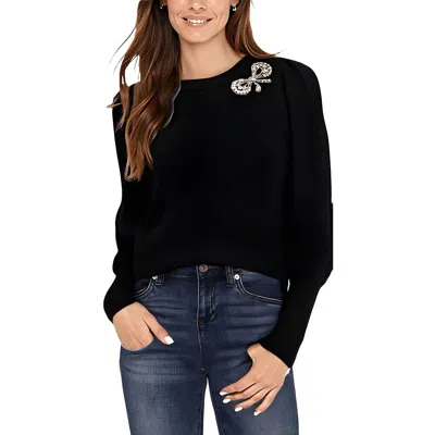 Cece Womens Rhinestone Knit Crewneck Sweater In Black