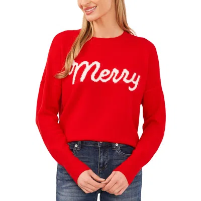 Cece Womens Ribbed Trim Acrylic Pullover Sweater In Bright Cherry