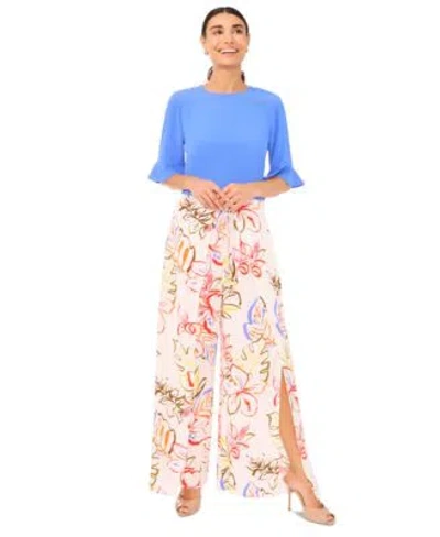 Cece Womens Ruffled Cuff 3 4 Sleeve Crew Neck Blouse Tropical Print Self Tie Overlap Pants In New Ivory