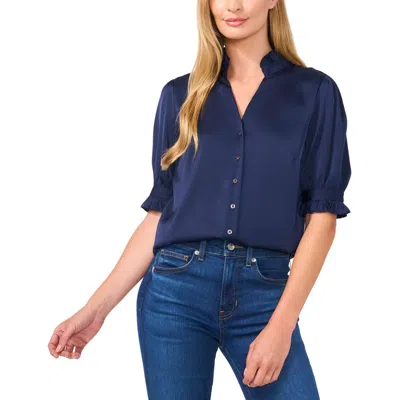 Cece Womens Ruffled Satin Button-down Top In Classic Navy