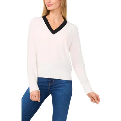 Cece Womens Scalloped Polyester V-neck Sweater In Antique White