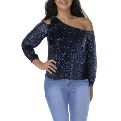 Cece Womens Sequined One Shoulder Blouse In Blue