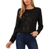 Cece Sequin Long Sleeve Top In Black