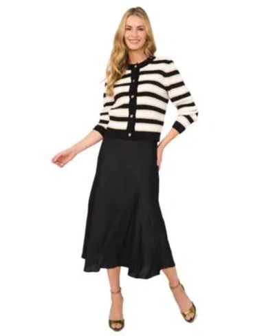 Cece Womens Striped Cardigan Sweater Satin Midi Skirt In Black