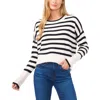 Cece Womens Striped Ribbed Knit Crewneck Sweater In Beige
