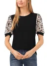 Cece Daisy Puff Sleeve Mix Media Top In Black
