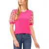 Cece Daisy Puff Sleeve Mix Media Top In Pink