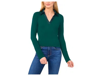 Cece Woven Collar Long Sleeve Knit Top Women's Clothing Dark Forest: Md, Rayon/spandex In Green