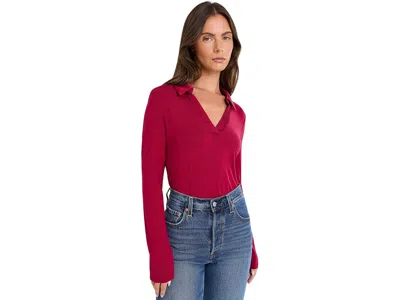 Cece Woven Collar Long Sleeve Knit Top Women's Clothing Mulberry Red: Sm, Rayon/spandex In Multi