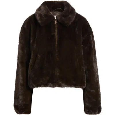 Cece Zip Front Faux Fur Blouson Jacket In Brown