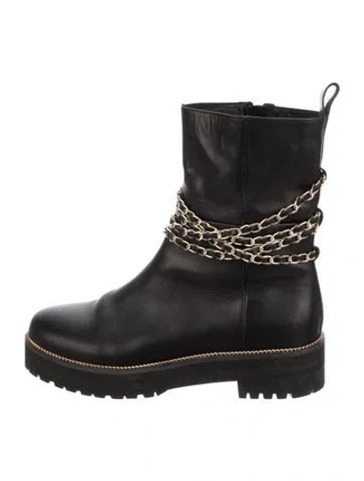 Pre-owned Cecelia Leather Chain-link Accents Moto Boots In Black