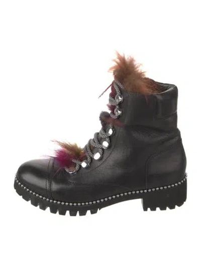 Pre-owned Cecelia Leather Faux Fur Trim Combat Boots In Black