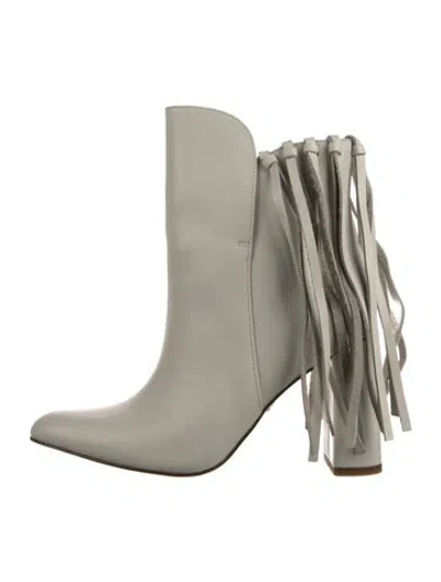 Pre-owned Cecelia Leather Fringe Trim Accent Boots In Gray