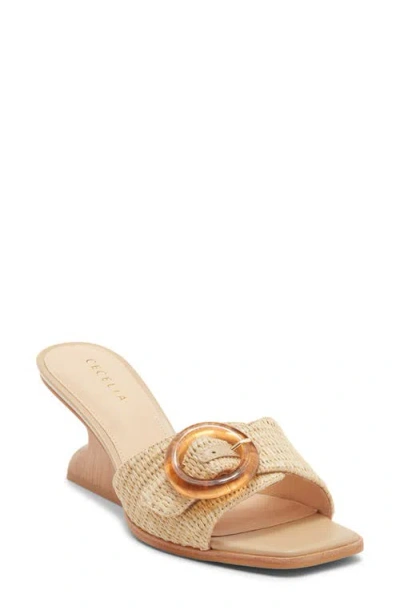 Cecelia New York Checker Buckle Raffia Wedge Slide Sandal In Brown