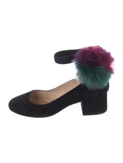 Pre-owned Cecelia Suede Faux Fur Trim Pumps In Black