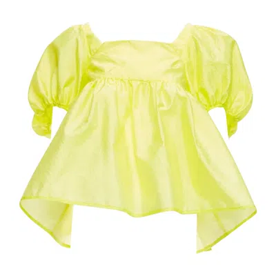 Pre-owned Cecilie Bahnsen 2021 Babett Yellow Textured Puff Sleeve Babydoll Top Uk6 Xs