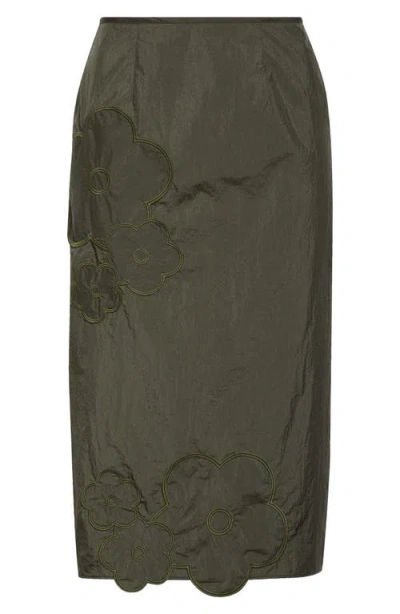 Cecilie Bahnsen Allegra Floral Embroidered Taffeta Pencil Skirt In Pine Green