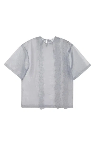 Cecilie Bahnsen Asra Floral Appliqué Oversize Sheer Organza Top In Grey
