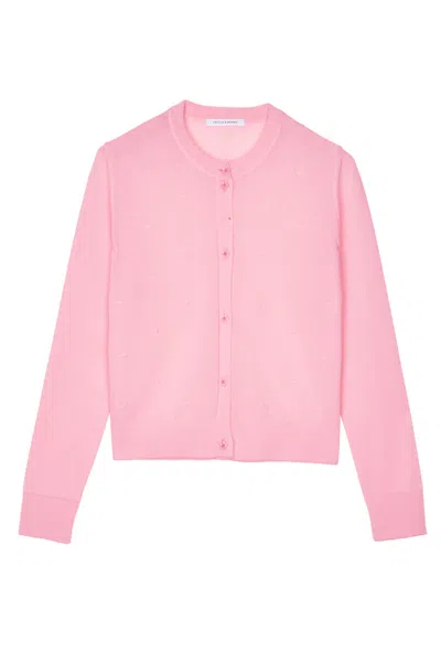 Cecilie Bahnsen Cropped Cardigan With Checkerboard Hem And Flower-shaped Buttons In Pink