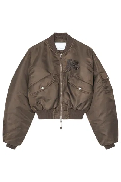Cecilie Bahnsen Cropped Technical Nylon Bomber Jacket With Gathered Sleeves In Brown