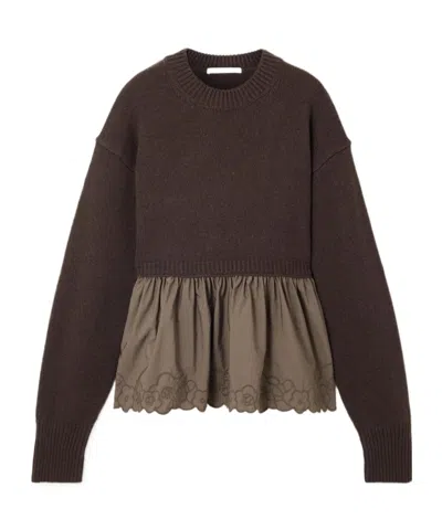 Cecilie Bahnsen Embroidered Cashmere And Wool-blend And Shell Peplum Sweater In Brown