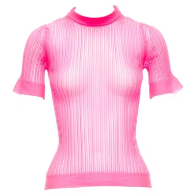 Pre-owned Cecilie Bahnsen Fabienne Neon Pink Ribber Sheer Crew Flare Sleeve Top Xs