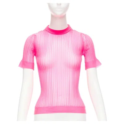 Pre-owned Cecilie Bahnsen Fabienne Neon Pink Ribber Sheer Crew Flare Sleeve Top Xs