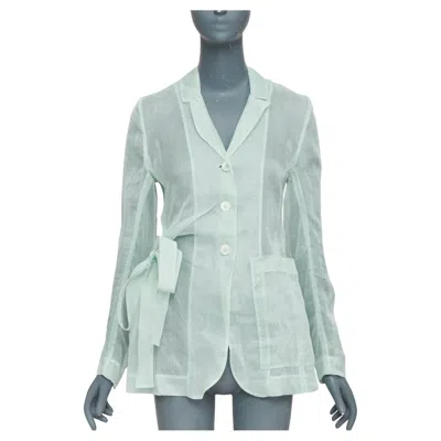Pre-owned Cecilie Bahnsen Fisola Mint Green Cotton Sheer Bow Tie Waist Blazer Uk8 S