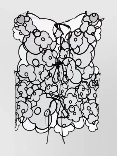 Cecilie Bahnsen Floral Lace-up Organza Top With Scalloped Edges In Black