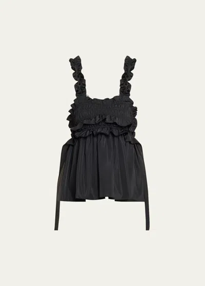 Cecilie Bahnsen Gia Smocked Ruffle Strap Top In Black
