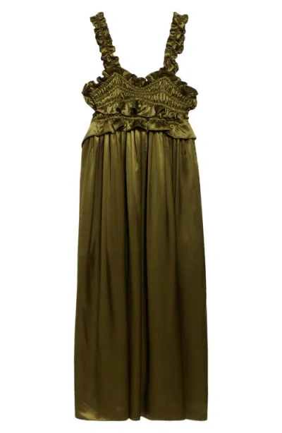 Cecilie Bahnsen Giovanna Smocked Silk Satin Midi Dress In Olive