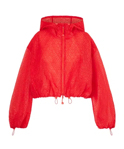 Cecilie Bahnsen Hooded Embroidered Tulle Jacket In Red