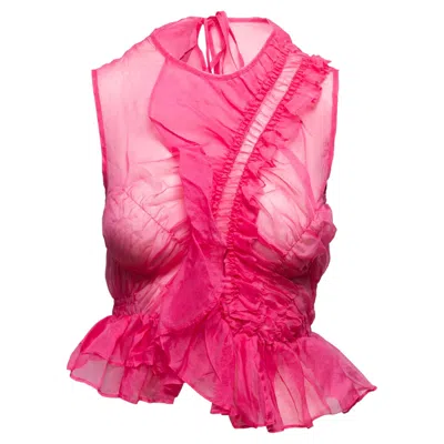 Pre-owned Cecilie Bahnsen Hot Pink  Sheer Sleeveless Ruffle Top Size Us Xs