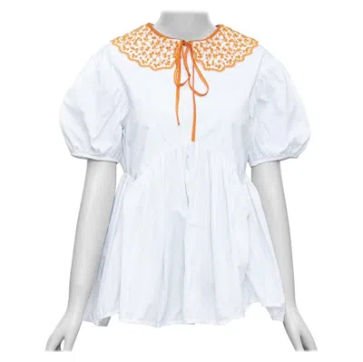 Pre-owned Cecilie Bahnsen Mie White Cotton Orange Applique Collar Puff Top Uk6 Xs