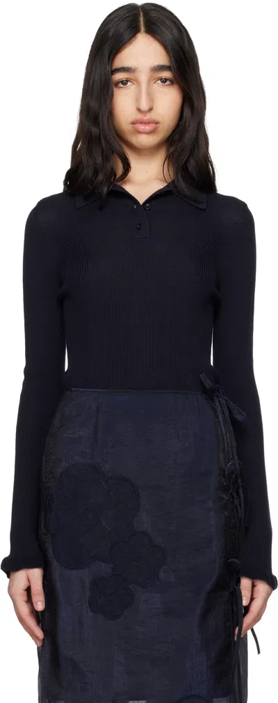 Cecilie Bahnsen Long-sleeved Knitted Polo Shirt In Navy