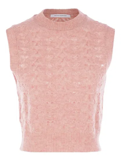Cecilie Bahnsen Cropped Cable Knit Vest With High Neckline In Pink