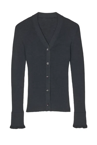 Cecilie Bahnsen Ribbed Merino Wool Cardigan With Decorative Flower Buttons In Black