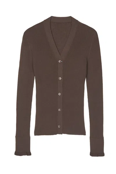Cecilie Bahnsen Ribbed Merino Wool Cardigan With Decorative Flower Buttons In Brown