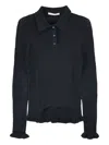 Cecilie Bahnsen Ruffle-hem Ribbed Polo Top In 黑色
