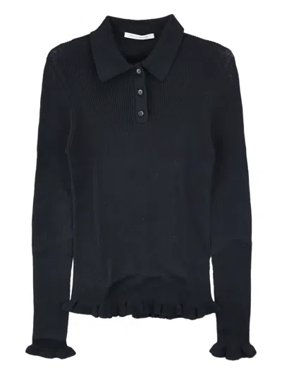 Cecilie Bahnsen Ruffle-hem Ribbed Polo Top In 黑色