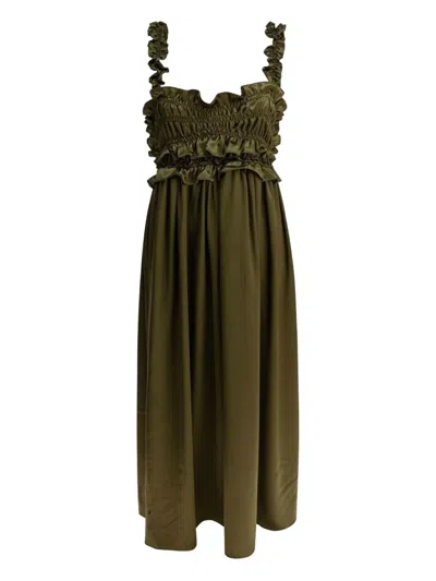 Cecilie Bahnsen Ruffled Smocked Silk Midi Dress In Green