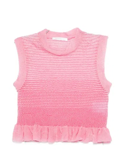 Cecilie Bahnsen Sheer Knit Sleeveless Crop Top With Fringed Hem In Pink