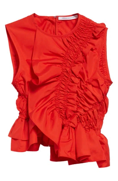 Cecilie Bahnsen Shirred Ruffle Cotton Poplin Top In Red