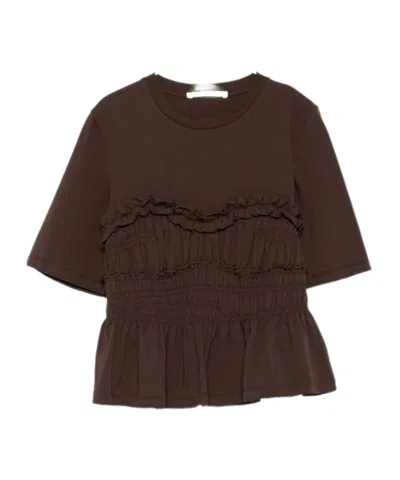 Cecilie Bahnsen Vilde Ruffled Shirred Cotton-jersey T-shirt In Brown