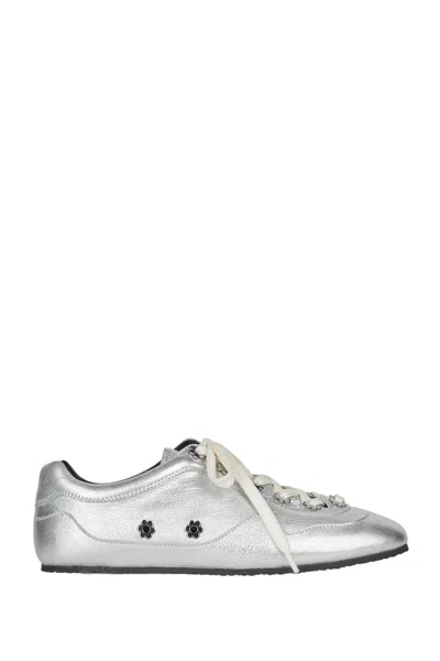 Cecilie Bahnsen Slim-fit Metallic Leather Sneakers With Floral Accents In Silver